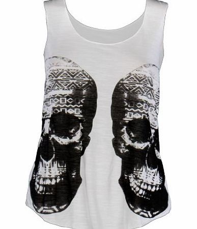 THE HOME OF FASHION UK  New Ladies White Skull Head Printed Womens Sleeveless Vest Top Size 8-14 (10 (SM))