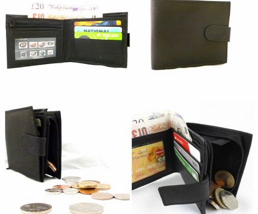 MENS SOFT BLACK SMOOTH LEATHER CREDIT CARD WALLET WITH ZIP COIN POCKET & ID WINDOW