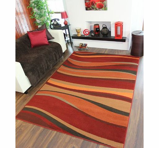 The Rug House Warm Red, Brown, Green, Burnt Orange Modern Waves Rugs 120cm x 170cm (3ft 11`` x 5ft 7``)