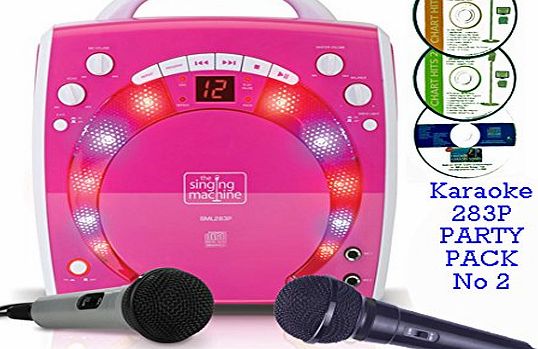 The Singing Machine PINK Portable Karaoke Machine amp; CD Player - PARTY PACK 2 (2 Mics   3 karaoke CDs) Home Disco Party Light - 2x Girls wired karaoke microphone   56 Karaoke SONGS (3 CD  S) CDG   Format (Connect to a