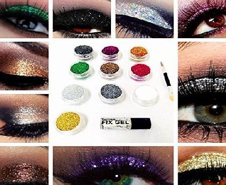 THEBEAUTYBOXBOUTIQUE Glitter Eyes Set 1 - 10 X Glitter Pots Fix Gel amp; Brush Loose Glitter Eye Shadow