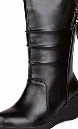 Threes Ladies Wedge Zip Up Slouch Boots Vintgage Leather Combat Boots (5, black)