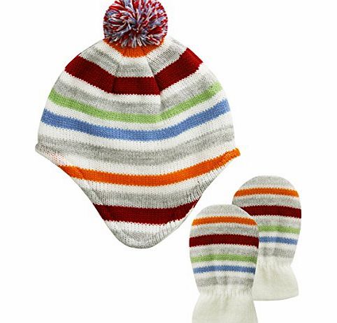 Tick Tock  Baby Boys Hat And Mitten Set Gloves Stripy Knitted Warm Cosy Winter