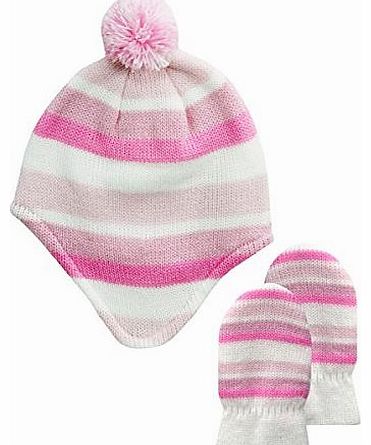 Tick Tock  Baby Girls Hat And Mitten Set Gloves Stripy Knitted Warm Cosy Winter