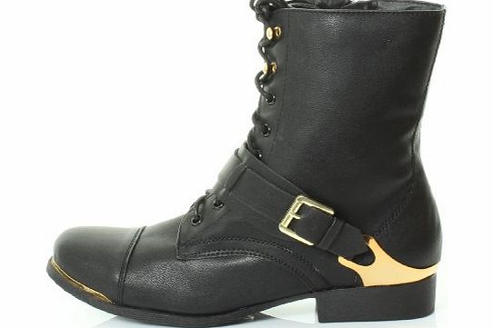 Tilly London MN5 Womens Combat Style Army Worker Military Ankle Boots Flat Punk Goth Shoes Size 3 4 5 6 7 8 (4, Black Faux Leather with Gold Trim)