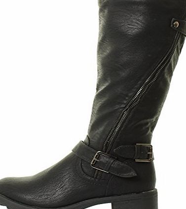 Tilly London New VX111 By Tilly London Womans Black Brown Vintage Wide Buckle Zip Knee Biker Riding Heel High Calf tread Boots Sizes 3 4 5 6 7 8 (6, Black)