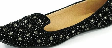 Tilly Shoes Womans Ladies Flat Ballet Pumps Ballerina Slippers Studs Studded Loafers Slip Ons Sizes 4 5 6 7 8 (UK 6, Black Faux Suede with silver pewter studs and Diamantes)