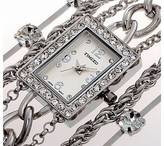 Time100 Diamond Square Dial Jewelry Chain Silver Bracelet Ladies Watch #W50032L.03A