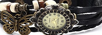 O.R. (Old Rubin) Vintage style Retro Punk Weave Wrap Round Black Leather Women Ladies Analog Quartz Wristwatch Bracelet watches with charm butterfly Pendent and wood beads weave leather band Bracelet