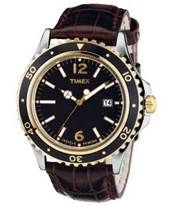 timex Gents Black Dial Brown Leather Strap