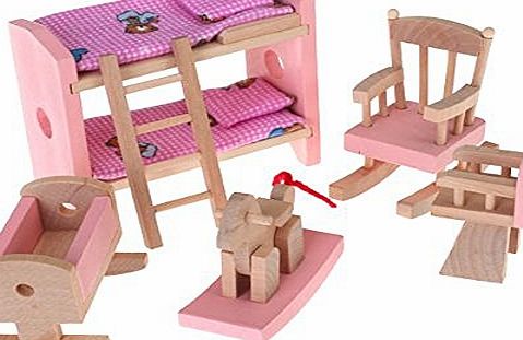 Tinksky 5pcs Adorable Wooden Dollhouse Funiture Kids Room Set Toys Bunk Bed Rocking Chair Horse High Chair Cradle