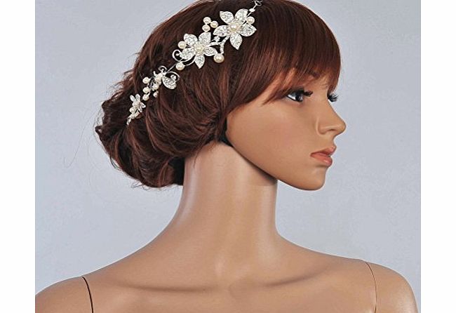 Tinksky Delicate Shining Crystal Rhinestones Faux Pearl Decor Flower Style Womens Bridal Hair Band Headband 