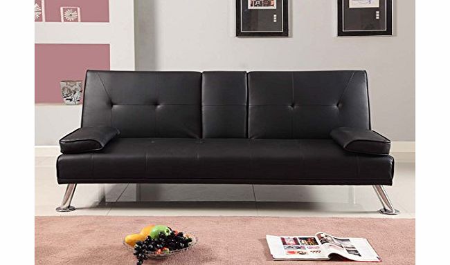 tinxs  Black Modern Faux Leather 3 Seater Sofa Bed With Fold Down Drinks Table