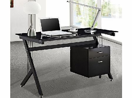 tinxs  Computer PC Office Table Desk Desktop With Two Drawers Home Writing Workstation Furniture Black Glass