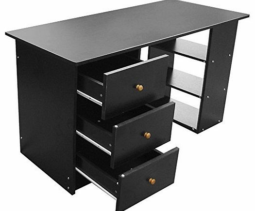  HOME OFFICE COMPUTER DESK TABLE + 3 DRAWERS & SHELVES BLACK - WORKSTATION DESKS