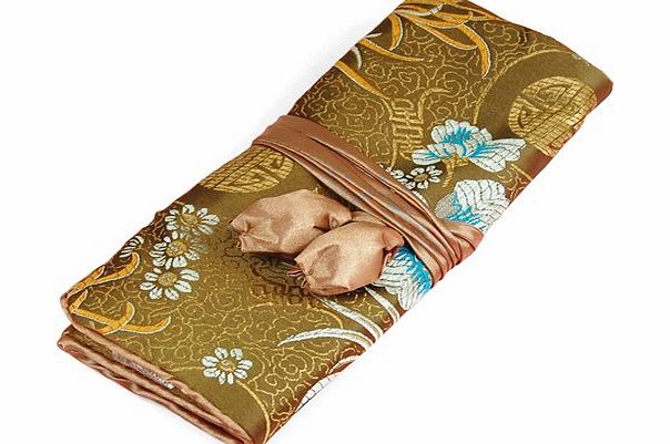 tinxs  Large Oriental Silk Jewelry Wrap Roll Organizer Travel Case Makeup Bag --- Coffee / Gold / Blue / Wine Red / Rose / Black (Gold)