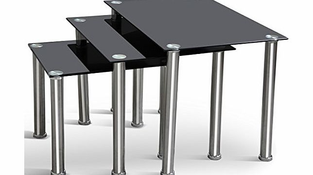 tinxs  New Fashionable Nest of 3 Black Modern High Quality Tables Thick Tempered Glass amp; Chrome Legs