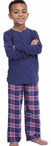 Childrens/Boys Nightwear/Sleepwear Plain Long Sleeve Top & Check Printed Pyjamas With Elasticated Waist, Navy 10/11 Years