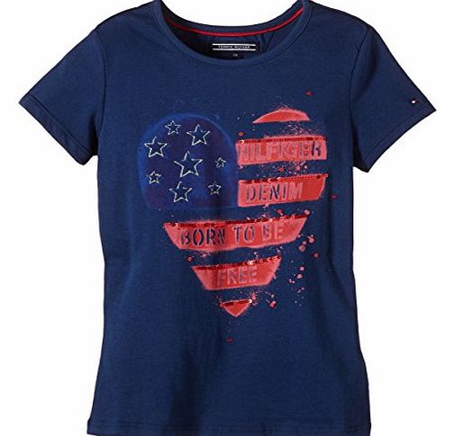 Tommy Hilfiger Girls EX57124301 Flag Heart Cn Knit S/S T-Shirt, Estate Blue PT, 10 Years (Manufacturer Size: 10)