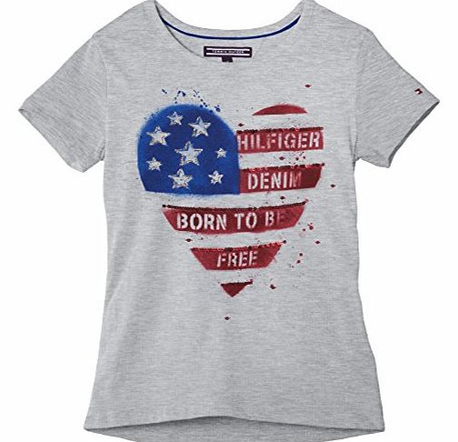 Tommy Hilfiger Girls Flag Heart Cn Knit Short Sleeve T-Shirt, Grey Heather, 12 Years
