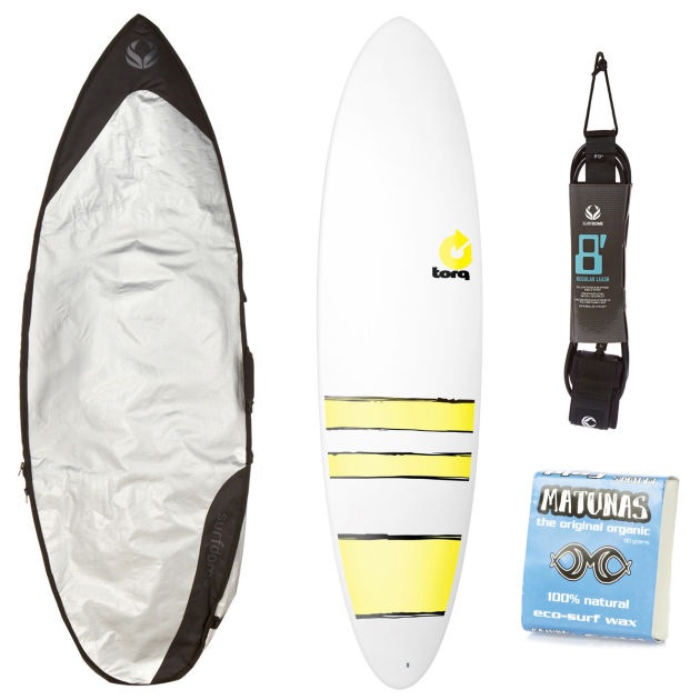 Torq White   Yellow Bands Fun Surfboard Package