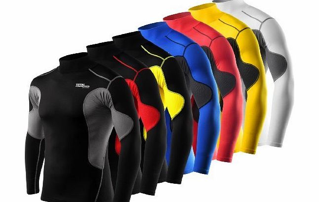 Mens Boys Total Compression Advanced SuperThermal Base Layer Top Long Sleeve Armour Gear Under Shirt - Mock Neck - Black/Yellow - Large Boy