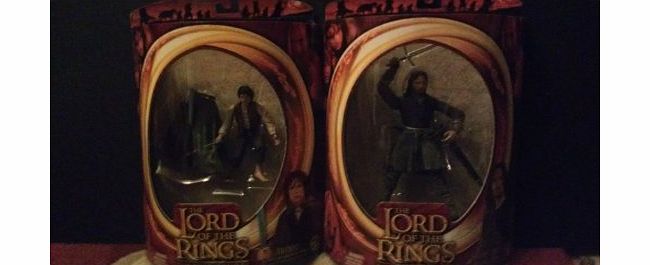 Toy Biz Lord of the Rings action figure pair Aragorn the Dunedain Ranger (in Helms Deep clothes) and Frodo the Hobbit (The Two Towers moon box)