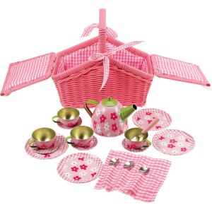Tea Set in a Pink Picnic Basket