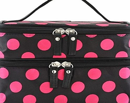 TQWY Cute girls Red Dot Pattern Makeup Case Double Layer Dual Zipper Cosmetic Hand Bag Tool Storage Toiletry Hand Case Bag black