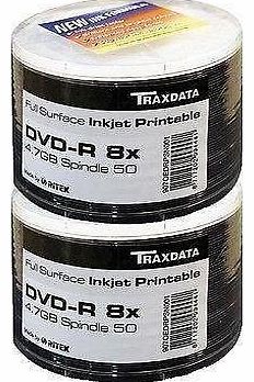 100 x Ritek G05 Traxdata 8x Full Face White Inkjet Printable Blank DVD-R Discs