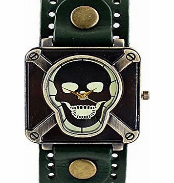 Treeland New 2014 Fashionamp;Casual Design Punk Style PU Leather Quartz Skull Wrist Watch for Women and Men (darkgreen)