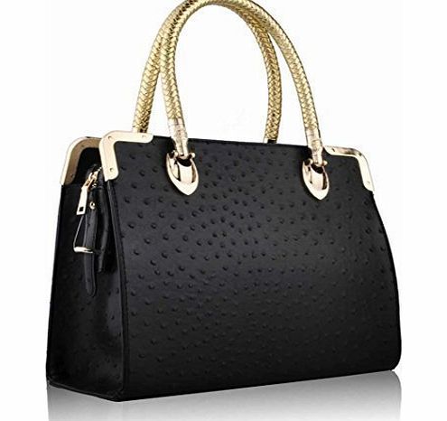 TrendStar Womens Designer Bags Celebrity Ostrich Doctors Style Stylish Tote Handbags (Black Ostrich Gold)