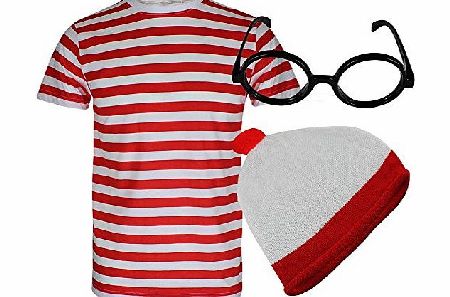 TrendyFashion MENS BOYS RED amp; WHITE STRIPED WHERE WALLY STYLE T SHIRT HAT GLASSES FANCY DRESS