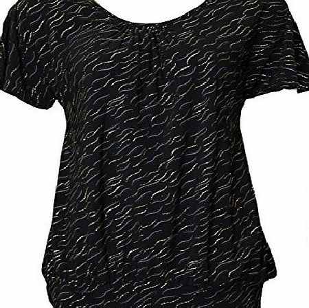 TrendyFashion Womens Glitter Blouse Fitted V Neck Top Black Ladies Evening Short Sleeve Tunic #M/L