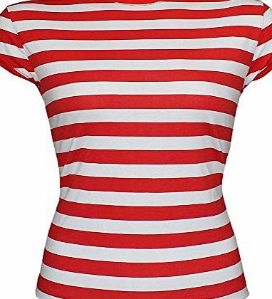 TrendyFashion WOMENS LADIES RED amp; WHITE STRIPE WHERES WALLY STYLE T-SHIRT HAT FANCY OUTFIT#T-SHIRTUK 12