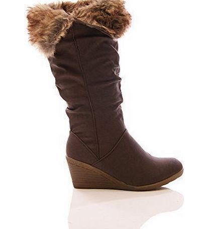 Truffle LADIES WOMENS FUR WEDGE BOOTS SLOUCH WARM SHOES SIZE Brown 7_uk