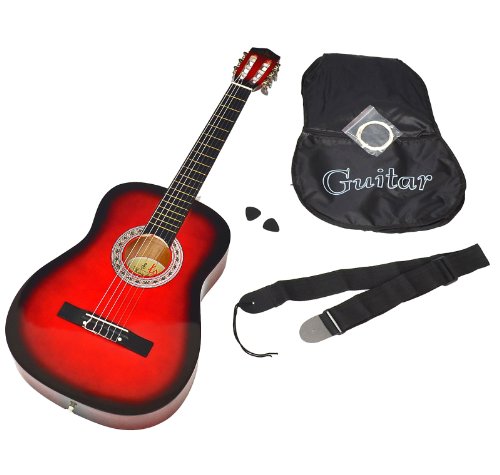 ts-ideen  5264 Acoustic Classical Guitar with Bag Strap Strings and Plectrum Red / Black