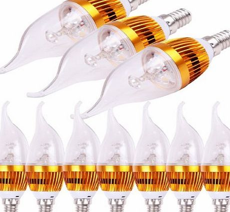 TSSS (10 Pack) E14 LED Candle Light, 3W Low Energy Comsumption Wall Lights Chandelier Candelabra LED Candle Light Bulb Flame Tip Chandelier mate Frosted (Cool White, Golden Shell)
