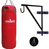 Genuine Cowhide Leather Punch Bag with Free Chrome Plated chain and punchbag Wall Bracket Heavy Duty Metal with complete fitting Real Leather Red 5 Feet