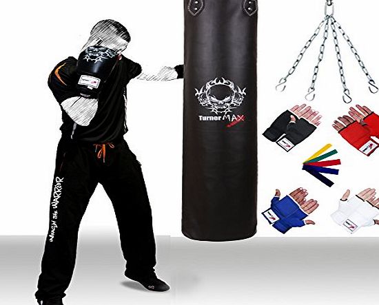Kick Boxing Punch Bag Filled with Bag mitts and Chain Real Vinyl Black 4ft