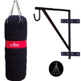 Kickboxing Canvas Punch Bag Filled with Free Chrome Plated chain and punchbag Wall Bracket Heavy Duty Metal with complete fitting Martial arts Black With Red Stripe 4 Feet