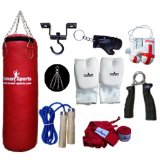 Vinyl Red Punch Bags Set 4 feet with Free Chrome Plated chain, Bag Mitts, Heavy dute Metal Ceiling Hook, Nylon Skipping Rope Blue, Boxing Glove UK Flagged Miniature and novelty, Boxing Gloves Key Chai