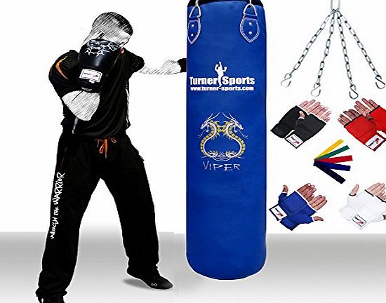 TurnerMAX Boxing Punch Bag FILLED Rex Leather Bag Gloves Mitts Chain Kickboxing MMA UFC Punching Bag Blue (5 Feet)