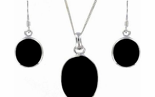 Tuscany Silver Set of Onyx Oval Earrings and Pendant on Curb Chain 46cm/18``