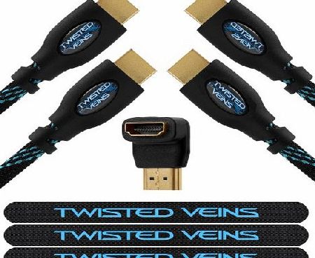 Twisted Veins 2ACHB6 Two (2) Pack of 6 (1.8 m) High Speed HDMI Cables   Right Angle Adapter and Velcro Cable Ties (Latest Version Supports Ethernet, 3D, and Audio Return)