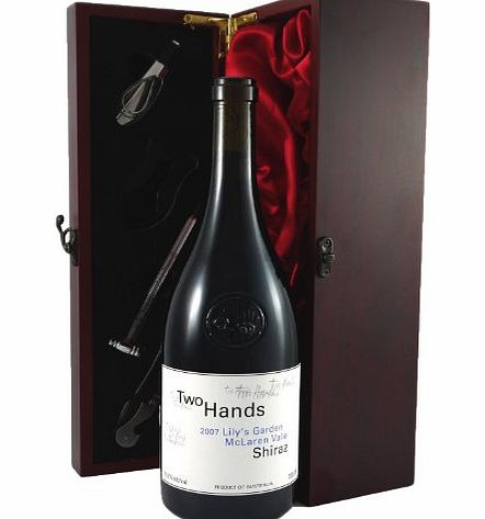 Two Hands Shiraz Lilys Garden 2007 Vintage Wine presented in a silk lined wooden box with four wine accessories