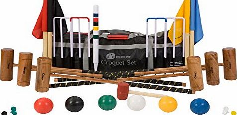 6 Player Pro Croquet Set with Nylon Bag - Contains 2 sizes of hardwood mallet; 2 x 34`` and 4 x 38.`` The set also includes 6 composite balls, 6 steel hoops, hoop smasher, markers, clips, flags and a ce