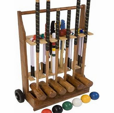 Uber Games 6 Player Pro Croquet Set with Wooden Trolley - Contains 2 sizes of hardwood mallet; 2 x 34`` and 4 x 38.`` The set also includes 6 composite balls, 6 steel hoops, hoop smasher, markers, clips, flags and