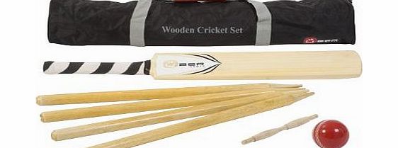 Wooden Cricket Set - A fantastic entry level cricket set that includes a size 5 wooden cricket bat, a full size rubber cricket ball, 4 wooden stumps and a wooden bail. All in a nylon storage bag.
