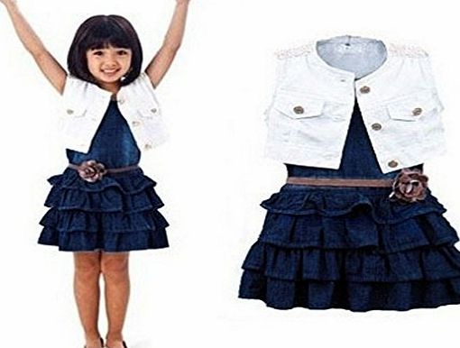 TM)Baby Little Girl Kids Outfit Clothing Clothes Coat Denim Dress 2Pcs Set Suit (90)